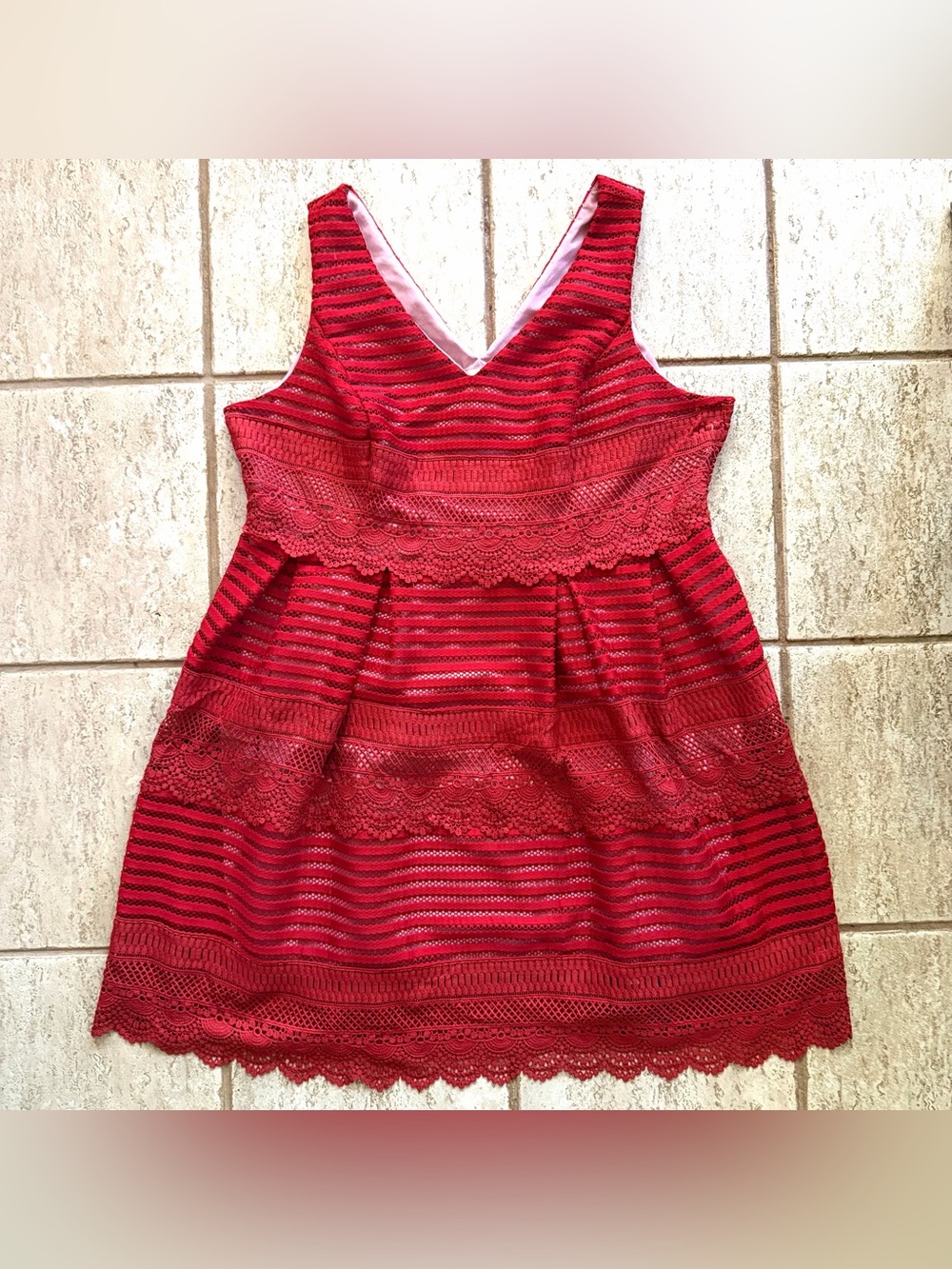 Modcloth Women’s Plus Sz 2X Red Fit & Flare Dress Crochet Lace Stripe Overlay